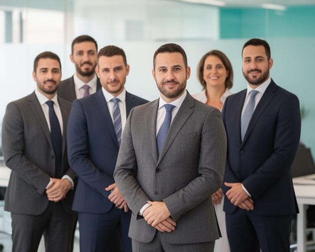 Grupo de ejecutivos con trajes corporativos a medida en entorno de oficina moderna mostrando imagen profesional impecable