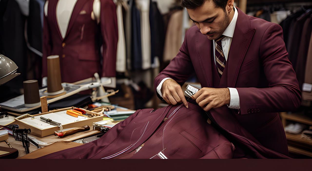 Sastre artesano confeccionando un traje a medida en taller de Puertollano con tejidos premium y herramientas de sastrería